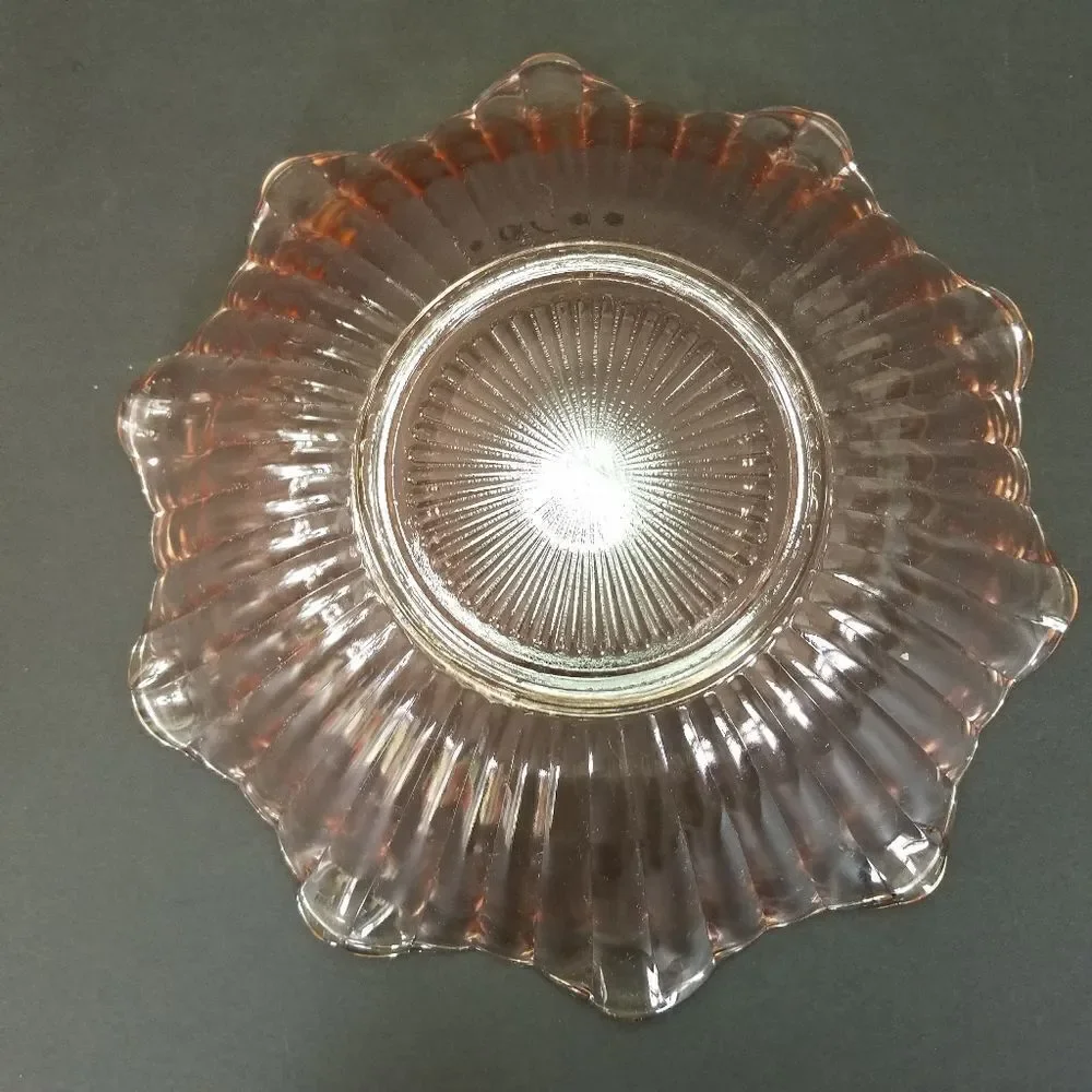 Vintage Anchor Hocking Large Pink Glass Ruffled Bowl & Matching Candle Holders